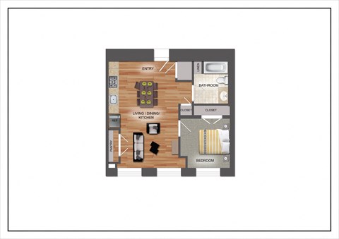 Floor plan for 1 bed, 1 bath, 559 sqft